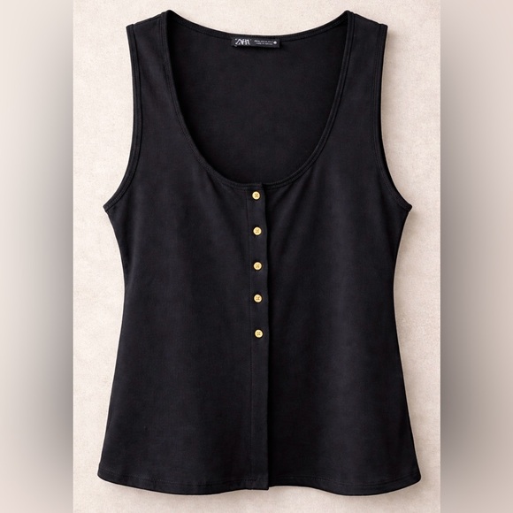 Zara Tops - Zara Black Ribbed Button Front Top Size Medium Gold Buttons